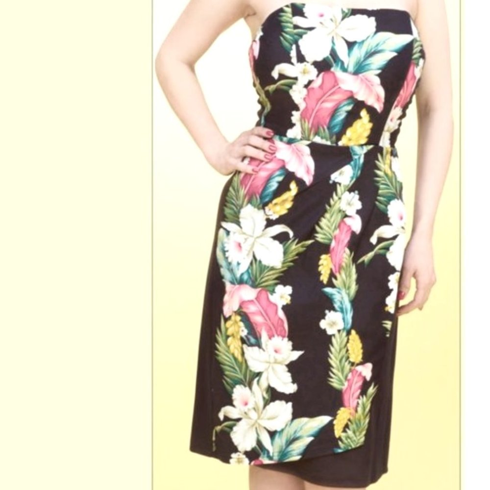 Rock Steady Tropical Hawaiian Print Wiggle Dress, Structured Bodice, Size XL GUC